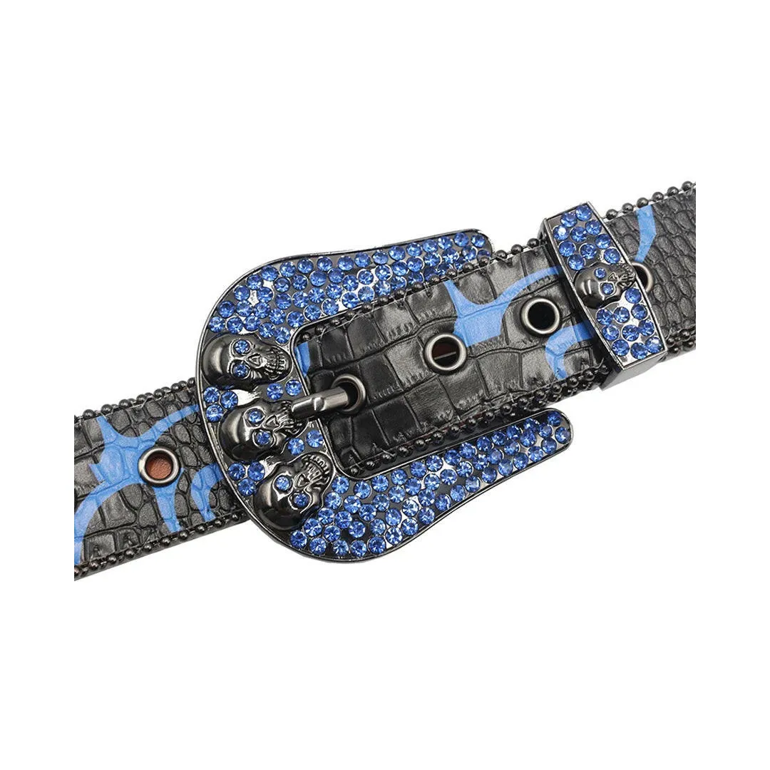 Rhinestone Skull Buckle Black Strap With Blue Studded Belt