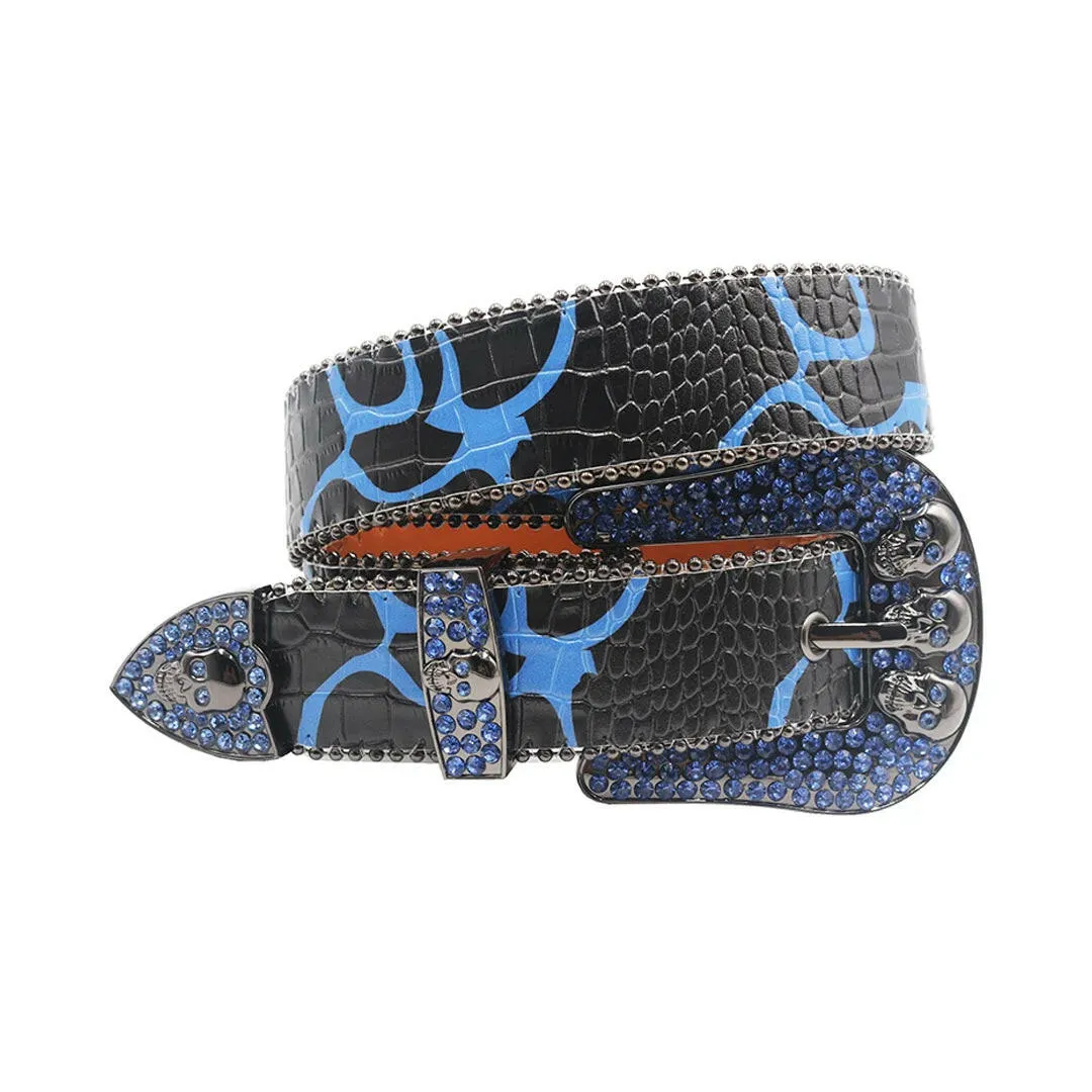 Rhinestone Skull Buckle Black Strap With Blue Studded Belt