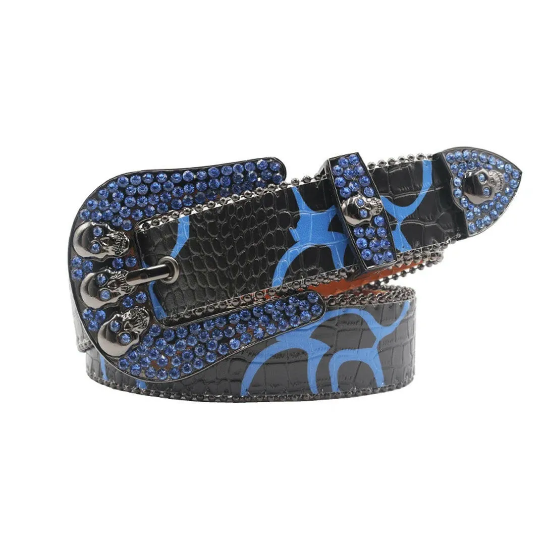 Rhinestone Skull Buckle Black Strap With Blue Studded Belt