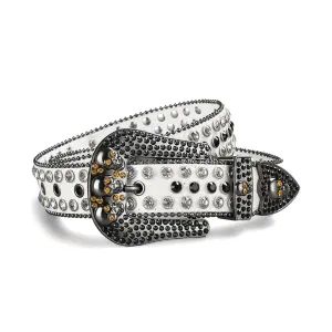 Rhinestone Skull Buckle White Strap With Crystal & Black Studded Belt