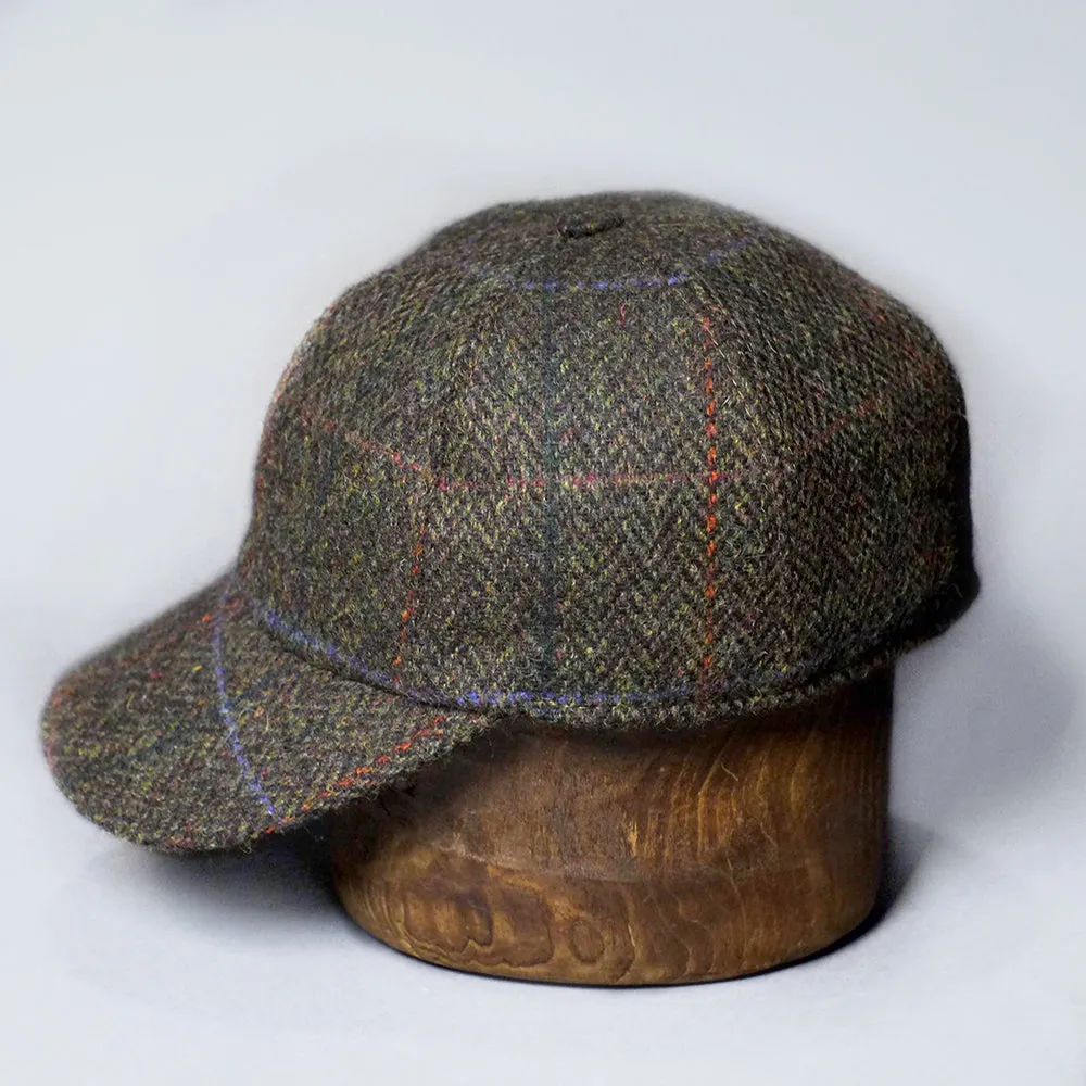 Tweed baseball hat with ear warmers in green windowpane