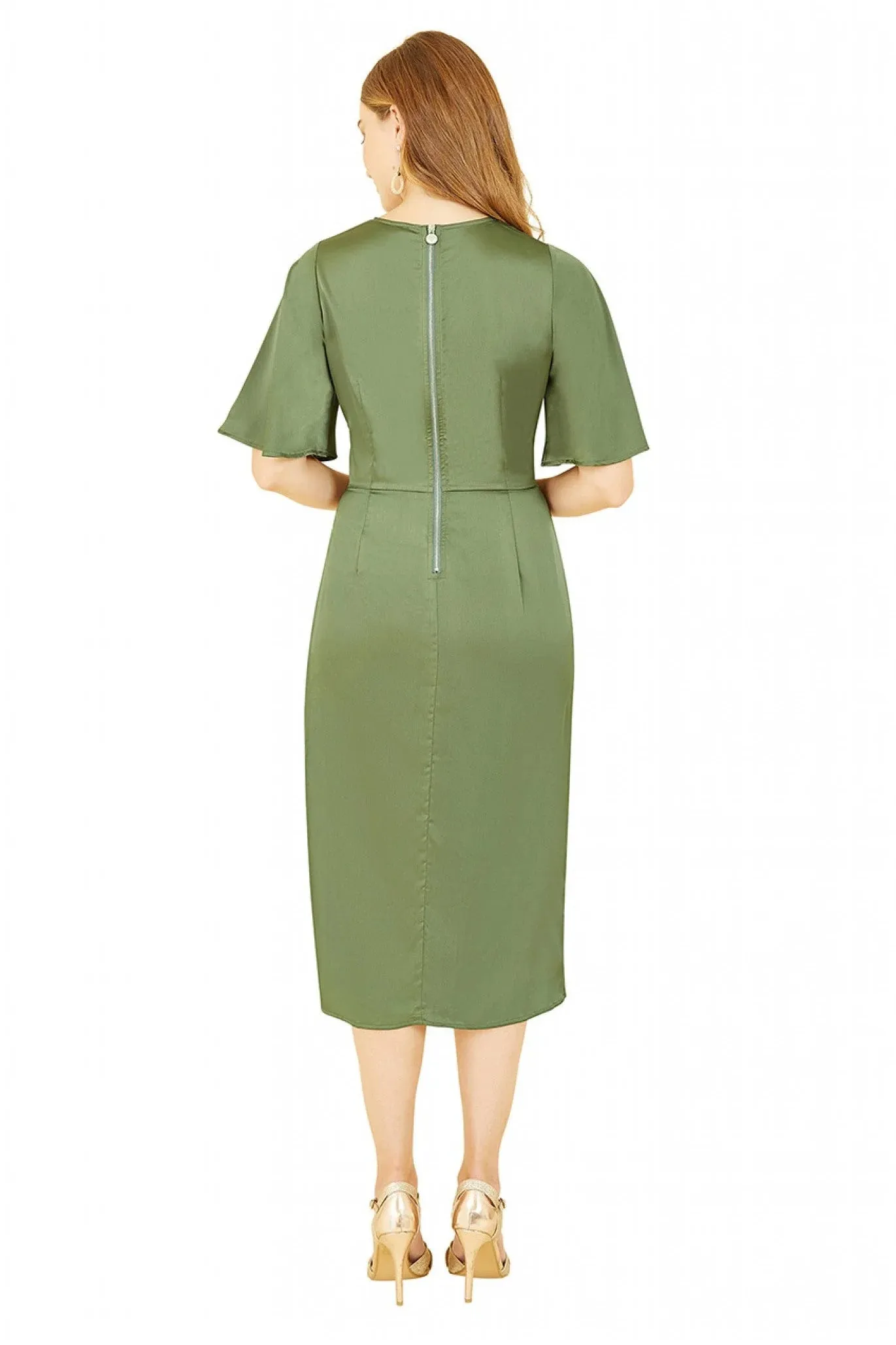 Yumi Green Satin Tie Detail Midi Dress